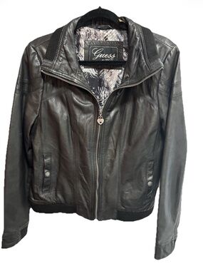 Guess vintage Black Leather Bomber Jacket with Ribbed Trim